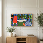 Surreal red coat collage art on a TV above a light oak sideboard with olive branches in a bright living room