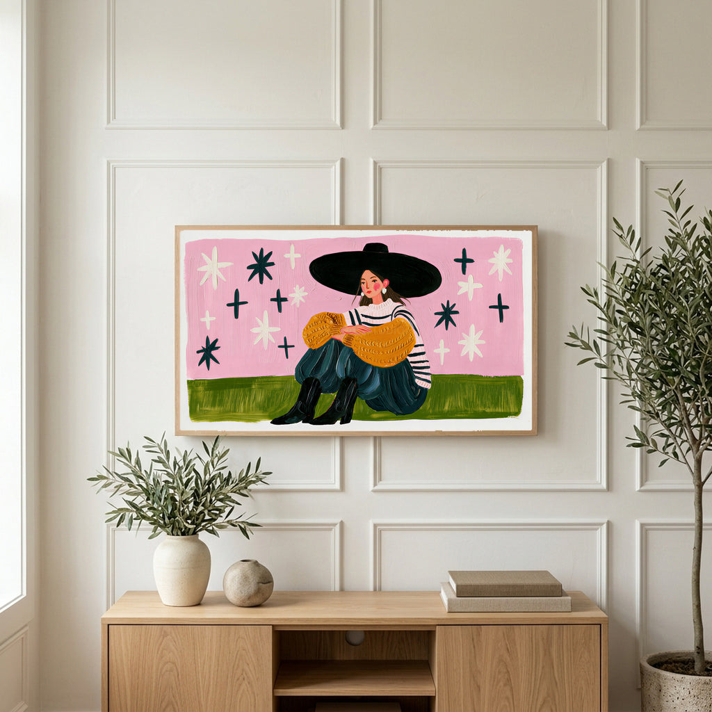 Woman in a big hat art on a TV above a light oak sideboard with olive branches in a bright living room