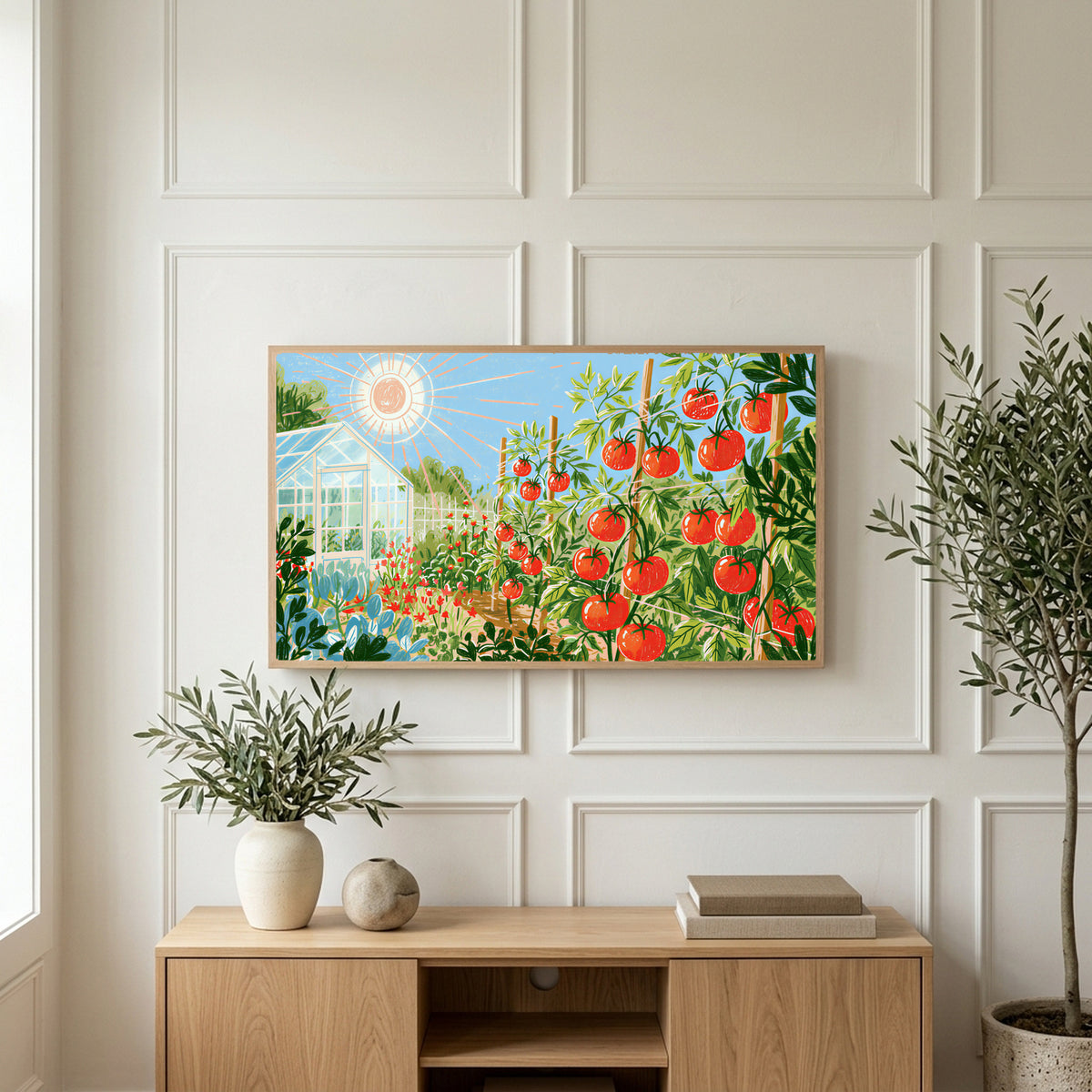 Tomato garden art on a TV above a light oak sideboard with olive branches in a bright living room