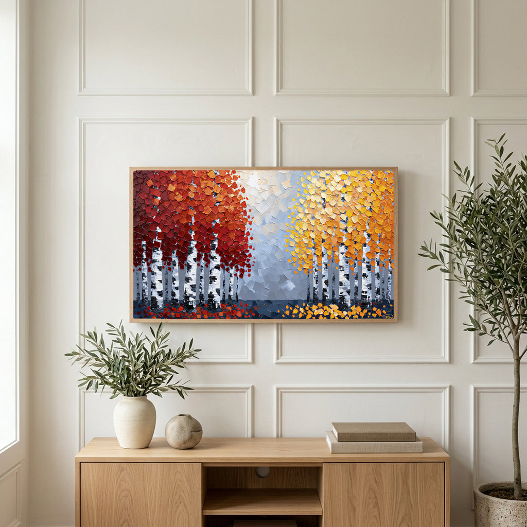 Autumn birch trees art on a TV above a light oak sideboard with olive branches in a bright living room