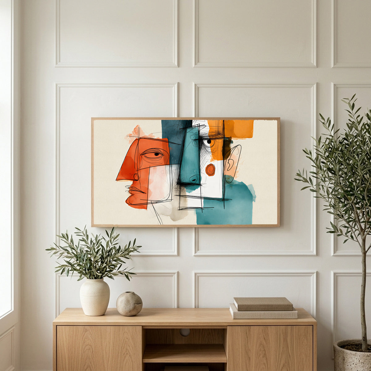 Cubist faces art on a TV above a light oak sideboard with olive branches in a bright living room