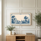 Blue toile garden art on a TV above a light oak sideboard with olive branches in a bright living room