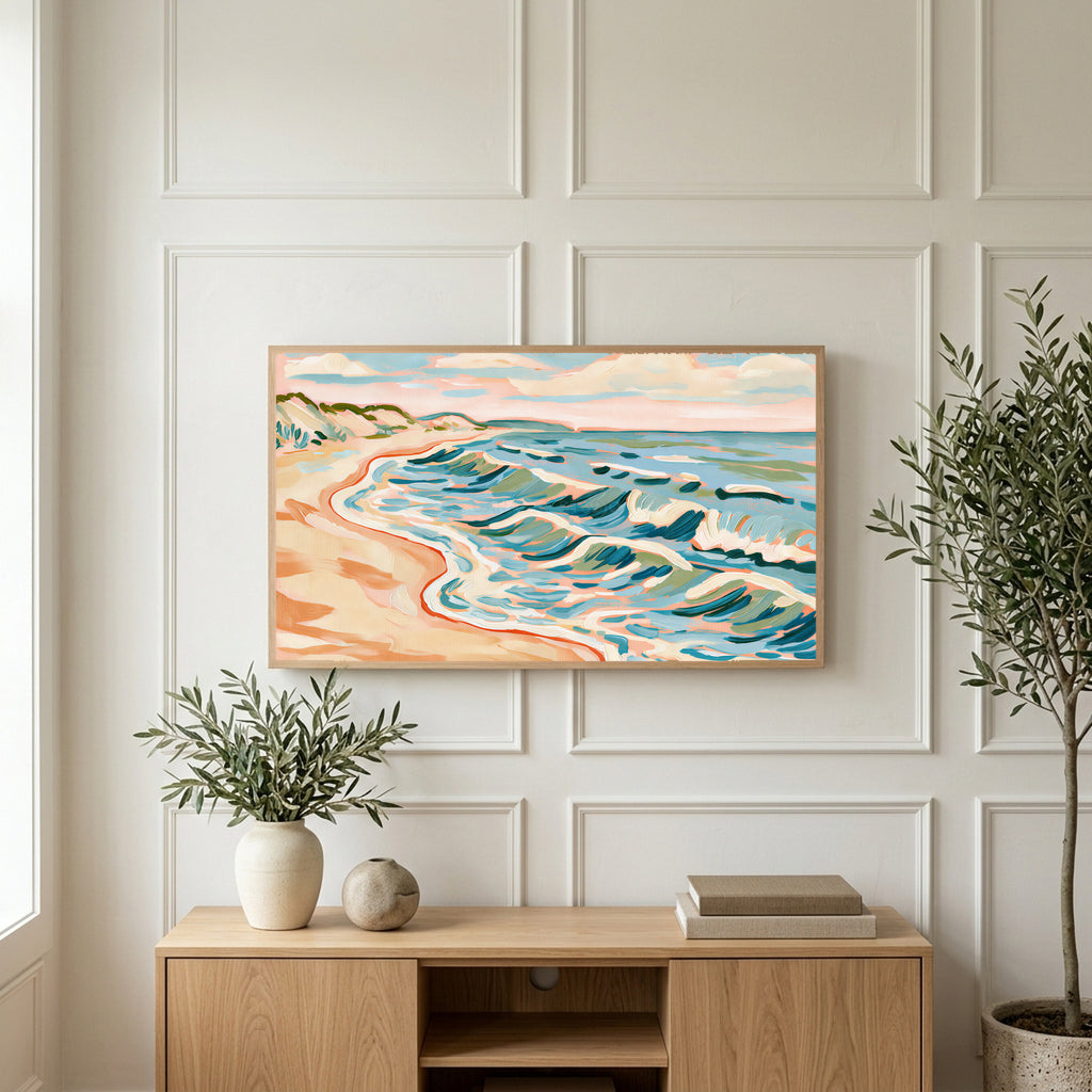 Beach waves art on a TV above a light oak sideboard with olive branches in a bright living room