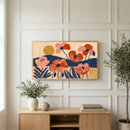 Mid century poppies art on a TV above a light oak sideboard with olive branches in a bright living room