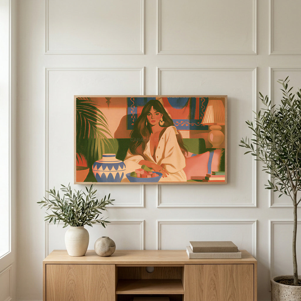 Boho woman portrait art on a TV above a light oak sideboard with olive branches in a bright living room