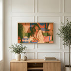 Boho woman portrait art on a TV above a light oak sideboard with olive branches in a bright living room