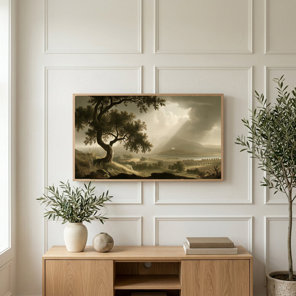 Vintage tree landscape art on a TV above a light oak sideboard with olive branches in a bright living room