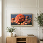 Retro dahlia art on a TV above a light oak sideboard with olive branches in a bright living room