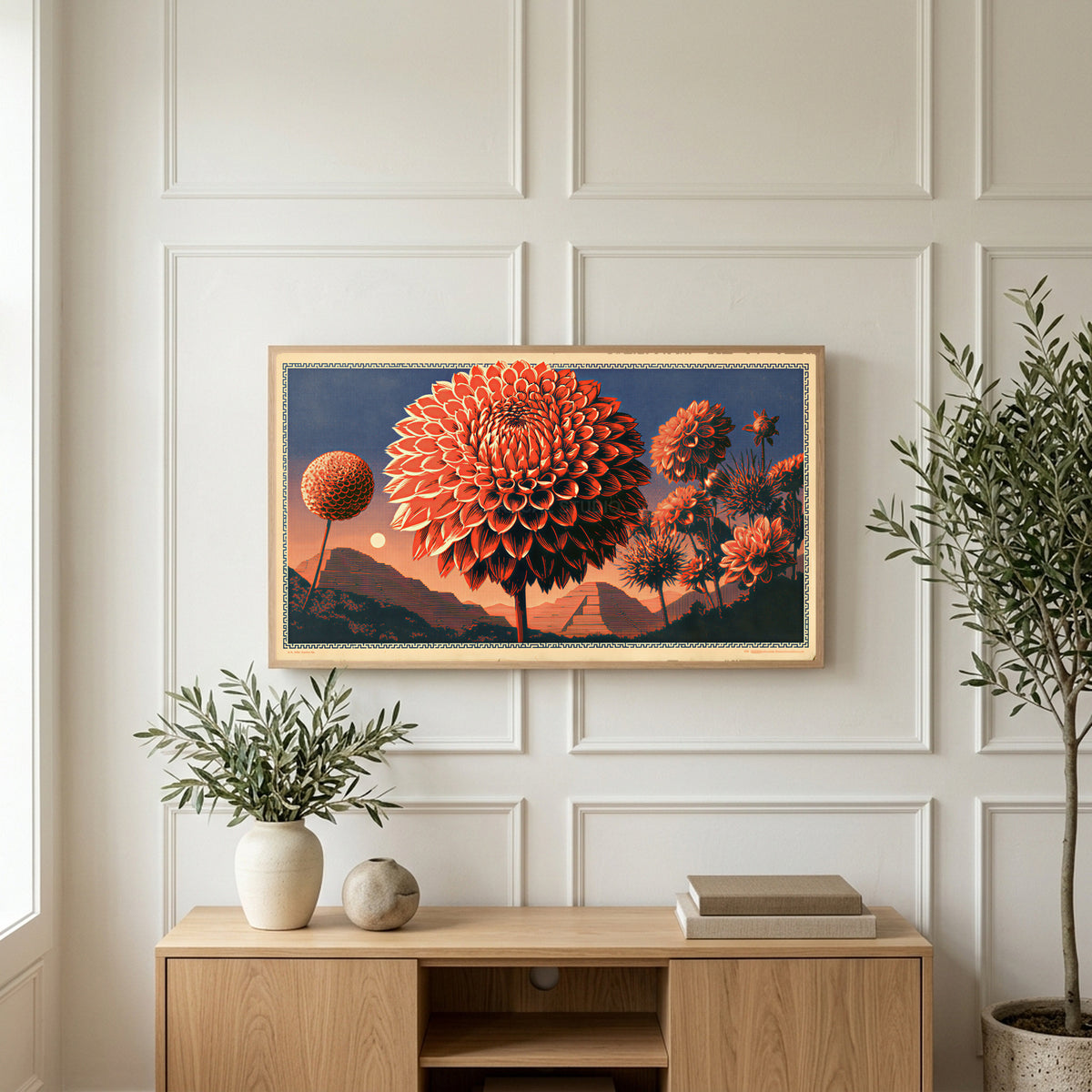 Retro dahlia art on a TV above a light oak sideboard with olive branches in a bright living room
