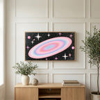 Pastel galaxy art on a TV above a light oak sideboard with olive branches in a bright living room