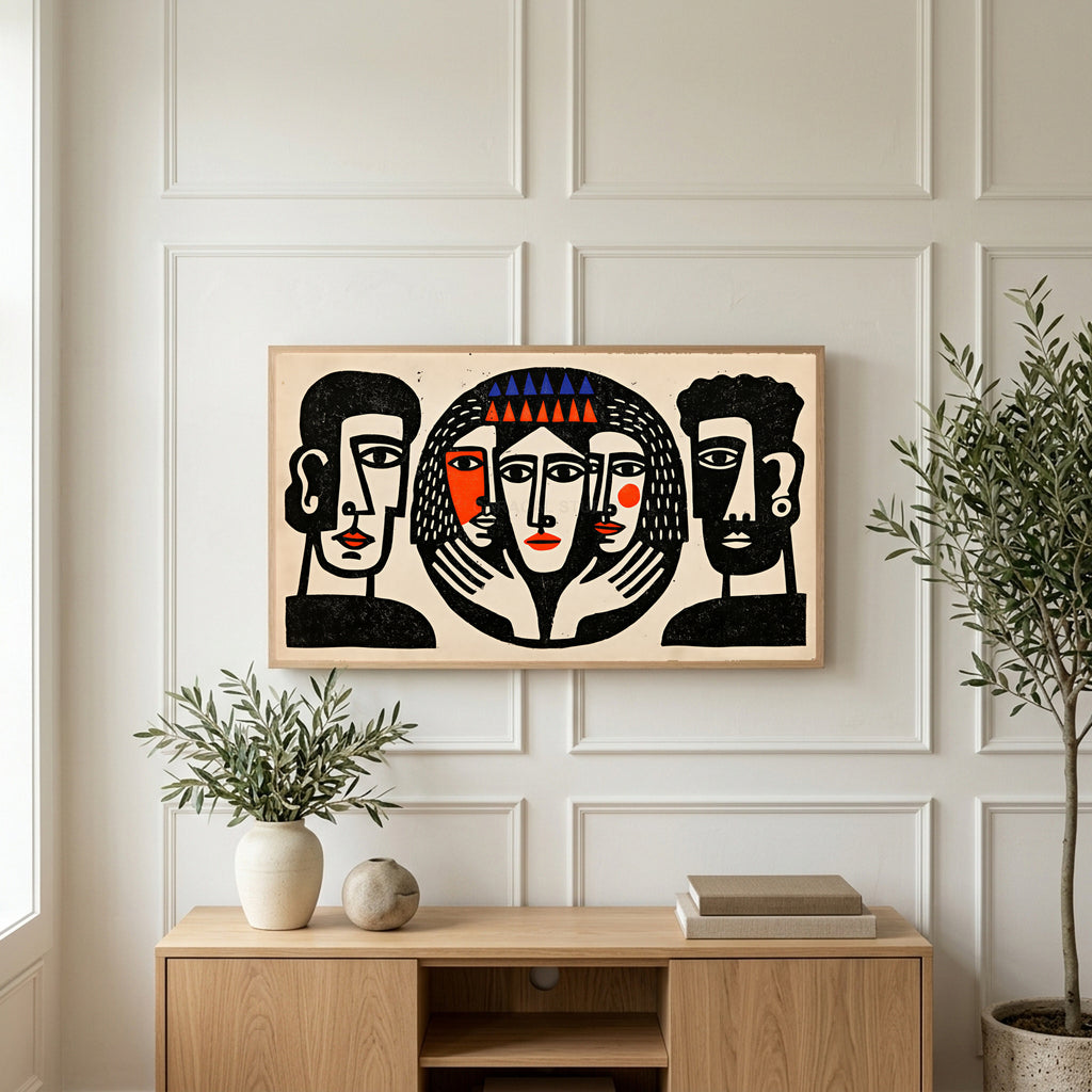 Linocut faces art on a TV above a light oak sideboard with olive branches in a bright living room