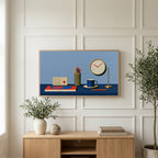 Retro desk, radio and clock art on a TV above a light oak sideboard with olive branches in a bright living room