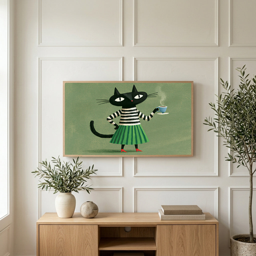 Black cat with a cup of tea art on a TV above a light oak sideboard with olive branches in a bright living room