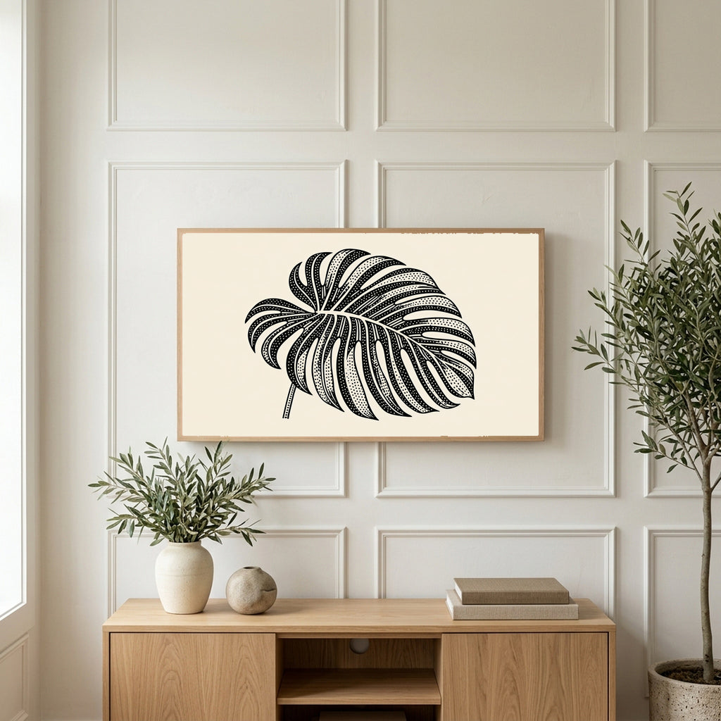 Monstera leaf art on a TV above a light oak sideboard with olive branches in a bright living room