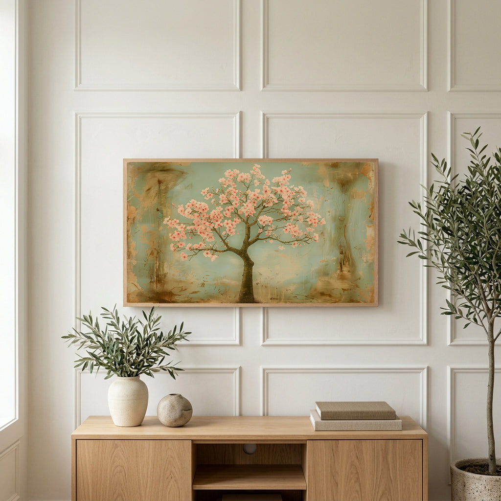 Cherry blossom tree art on a TV above a light oak sideboard with olive branches in a bright living room