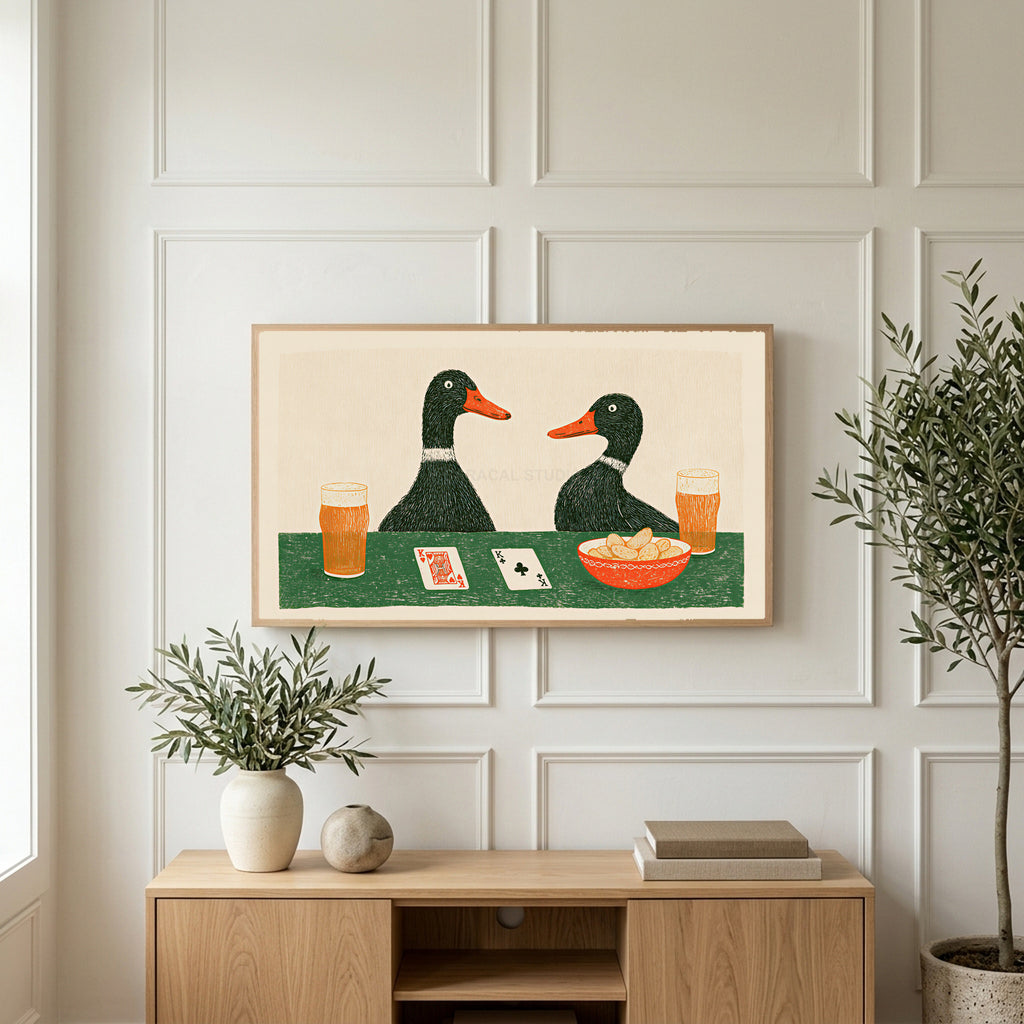 Ducks playing poker art on a TV above a light oak sideboard with olive branches in a bright living room