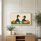 Ducks playing poker art on a TV above a light oak sideboard with olive branches in a bright living room