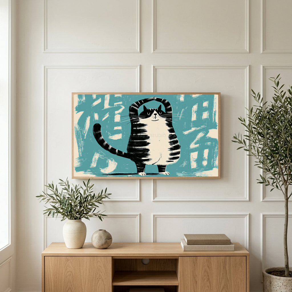 Yoga cat art on a TV above a light oak sideboard with olive branches in a bright living room
