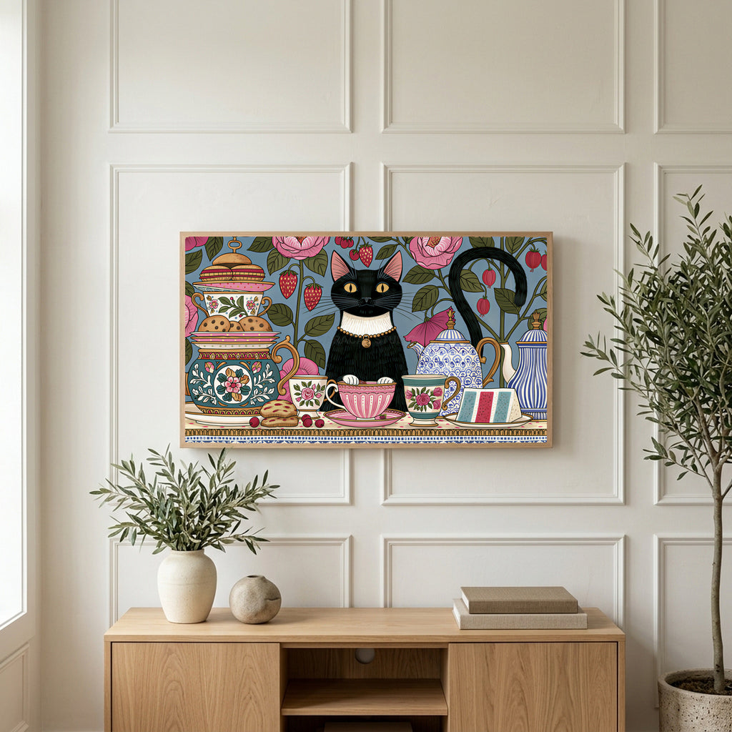 Black cat at a tea party art on a TV above a light oak sideboard with olive branches in a bright living room
