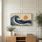 Mosaic wave art on a TV above a light oak sideboard with olive branches in a bright living room