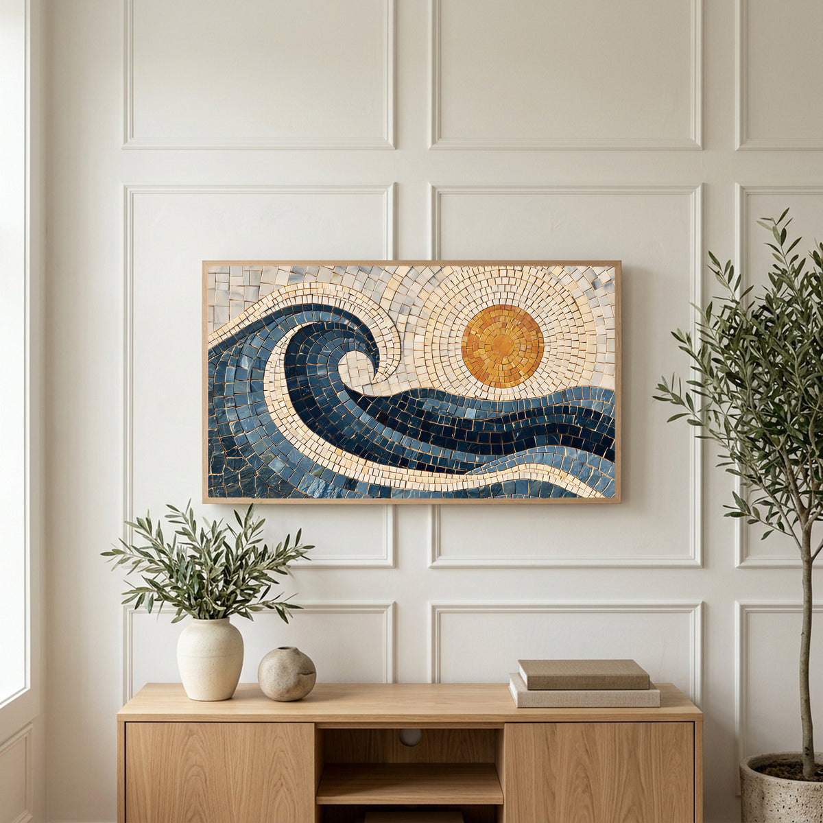 Mosaic wave art on a TV above a light oak sideboard with olive branches in a bright living room