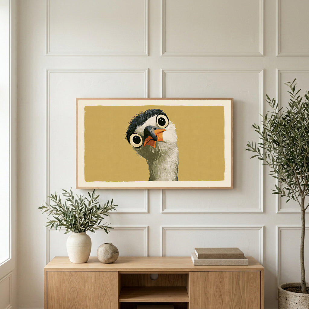 Funny heron art on a TV above a light oak sideboard with olive branches in a bright living room