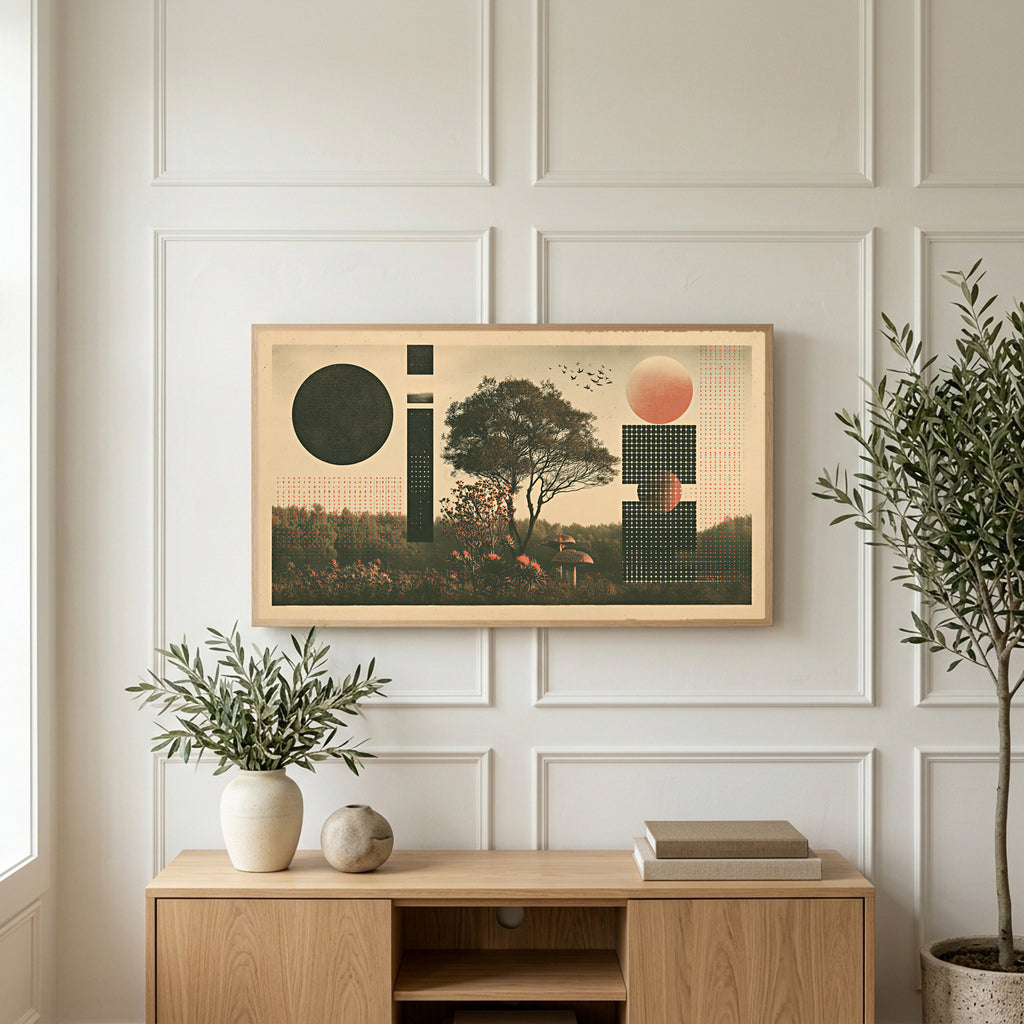 Tree and mushroom collage art on a TV above a light oak sideboard with olive branches in a bright living room