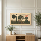 Tree and mushroom collage art on a TV above a light oak sideboard with olive branches in a bright living room
