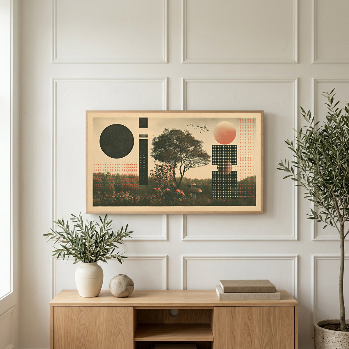 Tree and mushroom collage art on a TV above a light oak sideboard with olive branches in a bright living room