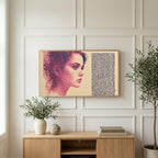 Stipple portrait art on a TV above a light oak sideboard with olive branches in a bright living room