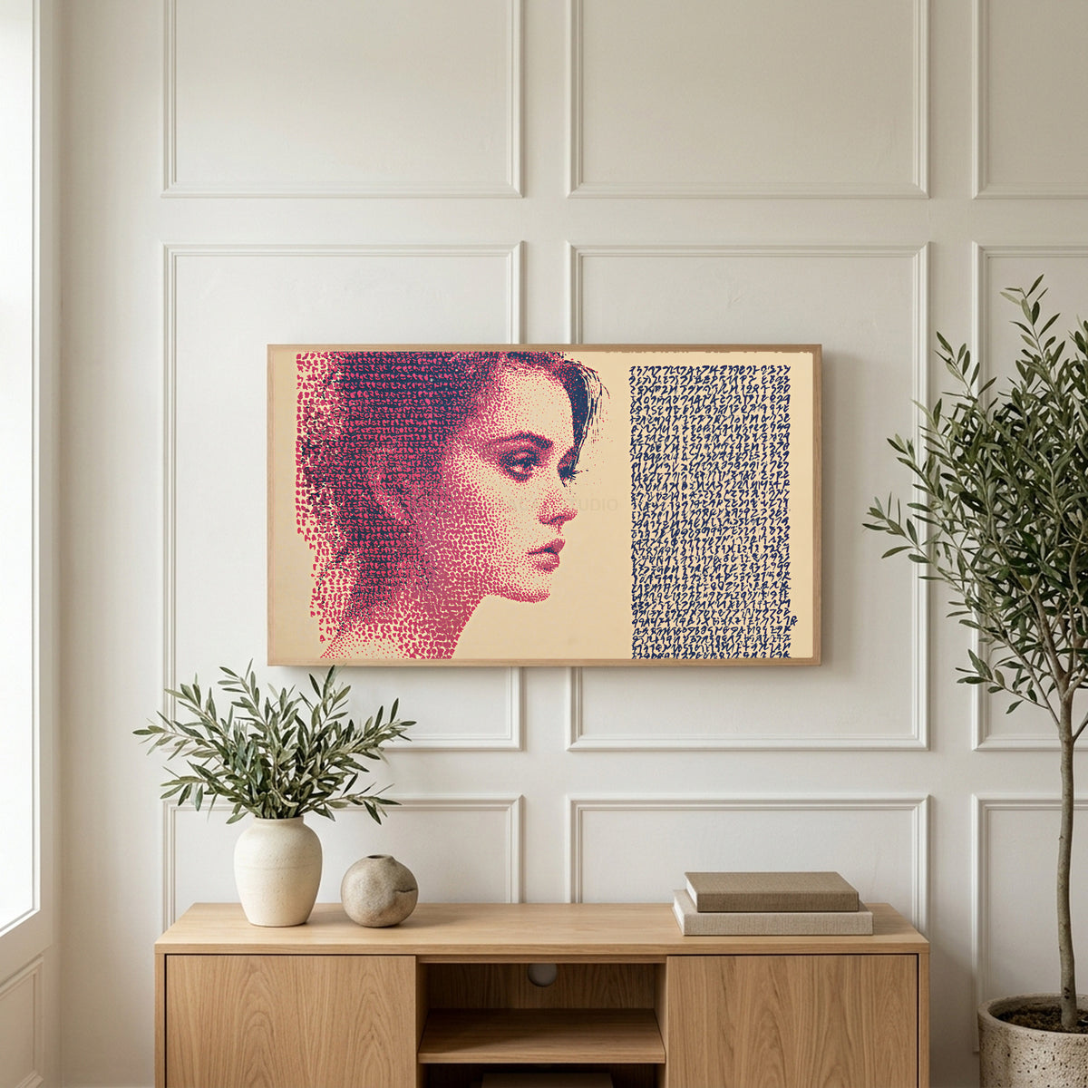 Stipple portrait art on a TV above a light oak sideboard with olive branches in a bright living room