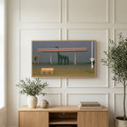 Foggy gas station art on a TV above a light oak sideboard with olive branches in a bright living room
