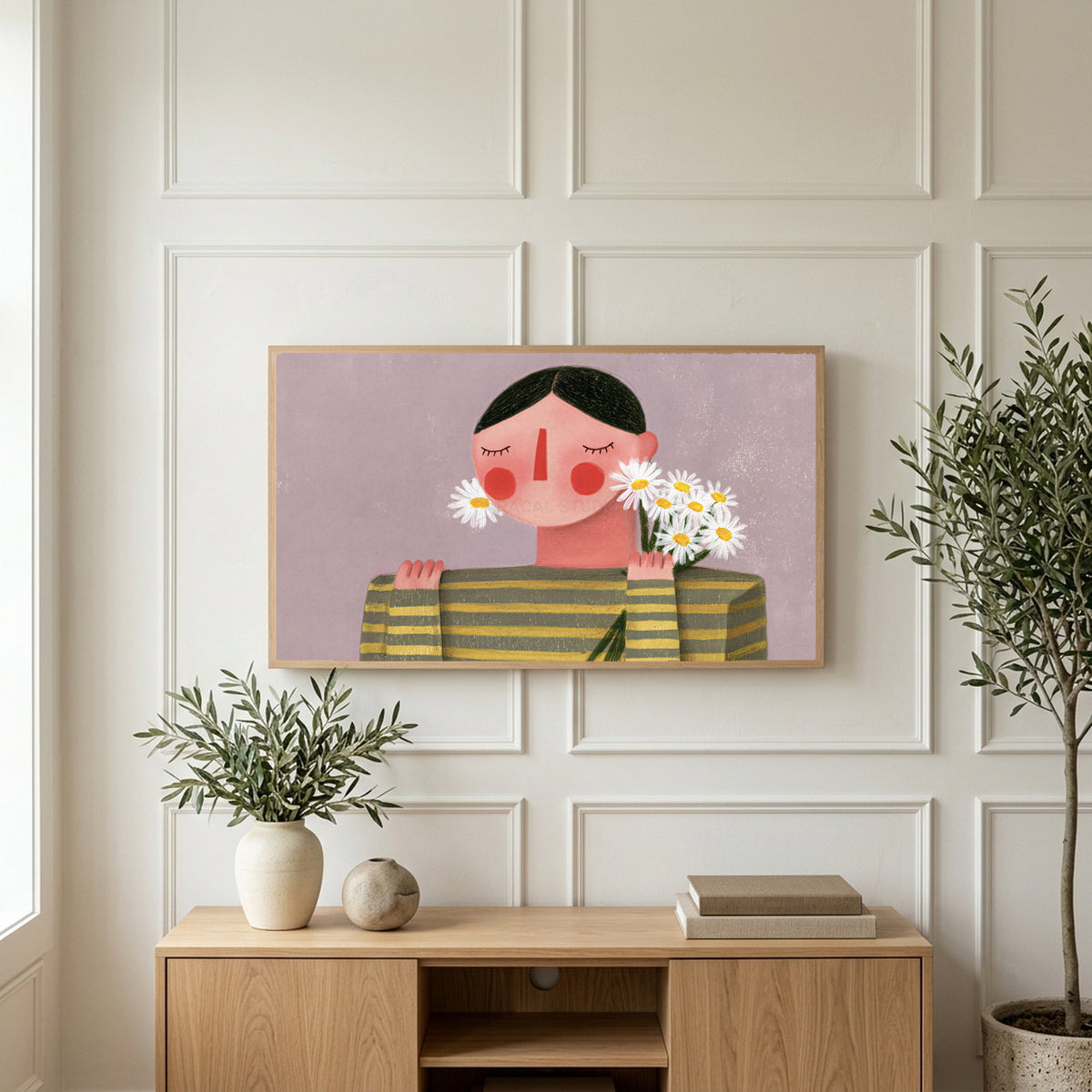 Rosy cheeks daisy portrait art on a TV above a light oak sideboard with olive branches in a bright living room