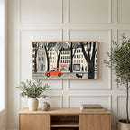 City street art on a TV above a light oak sideboard with olive branches in a bright living room