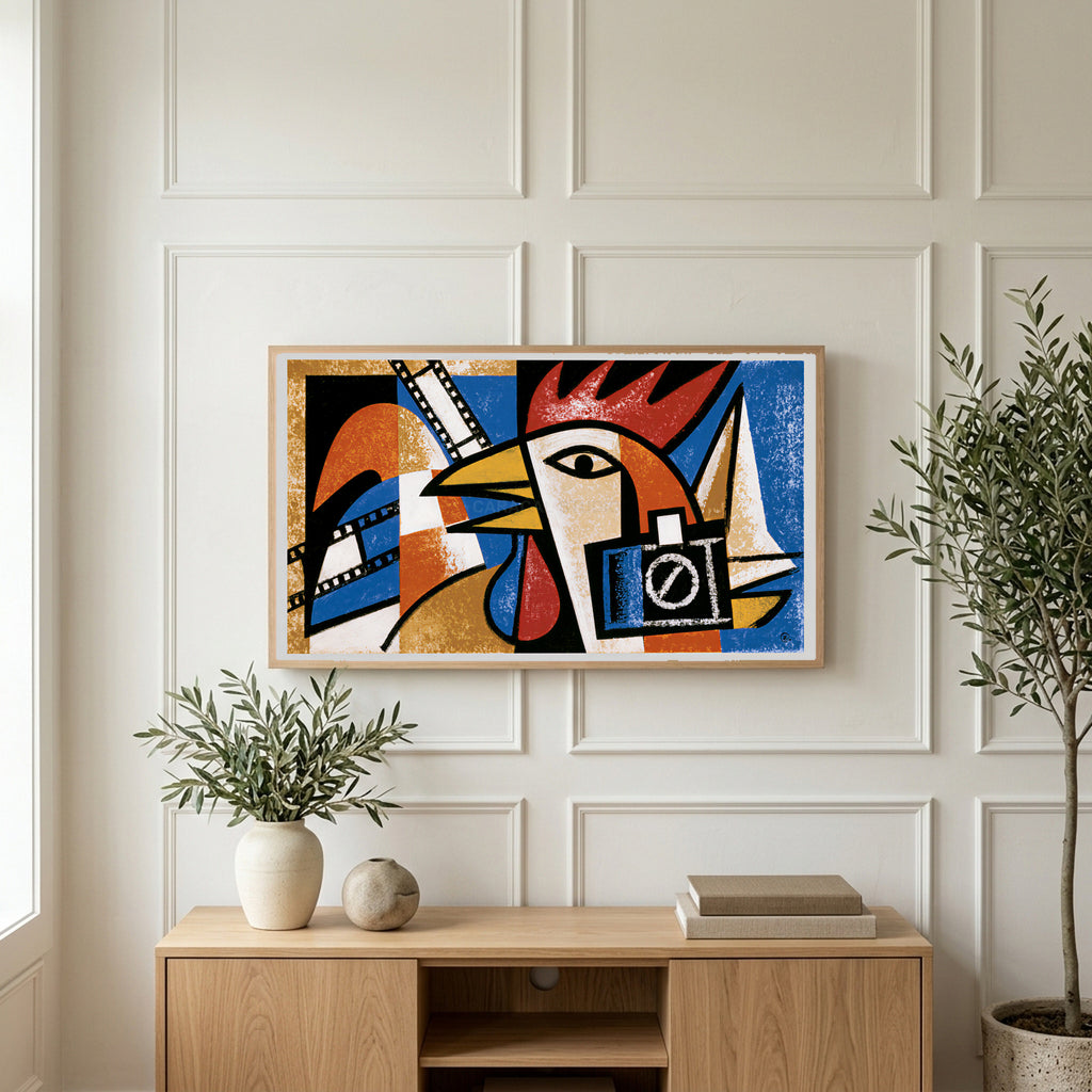 Cubist rooster art on a TV above a light oak sideboard with olive branches in a bright living room