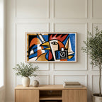 Cubist rooster art on a TV above a light oak sideboard with olive branches in a bright living room