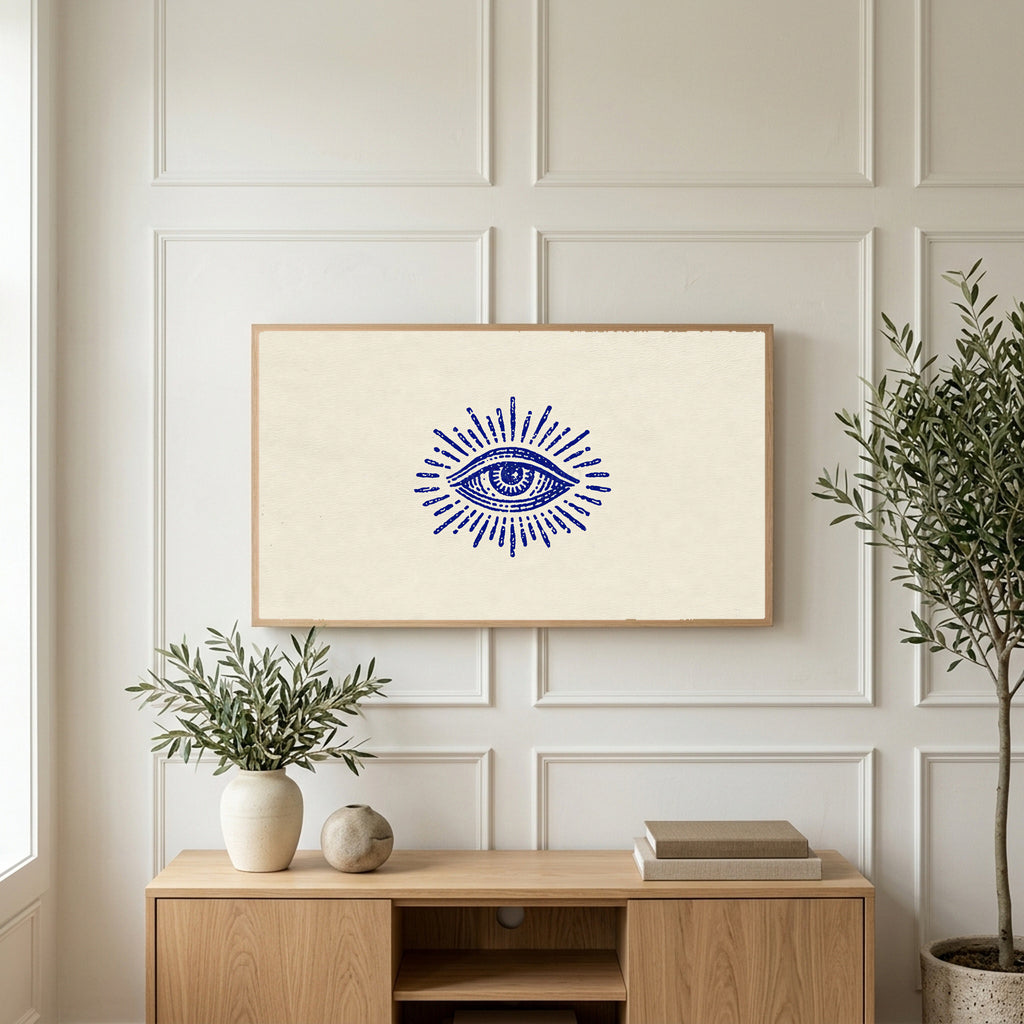 Mystic eye art on a TV above a light oak sideboard with olive branches in a bright living room