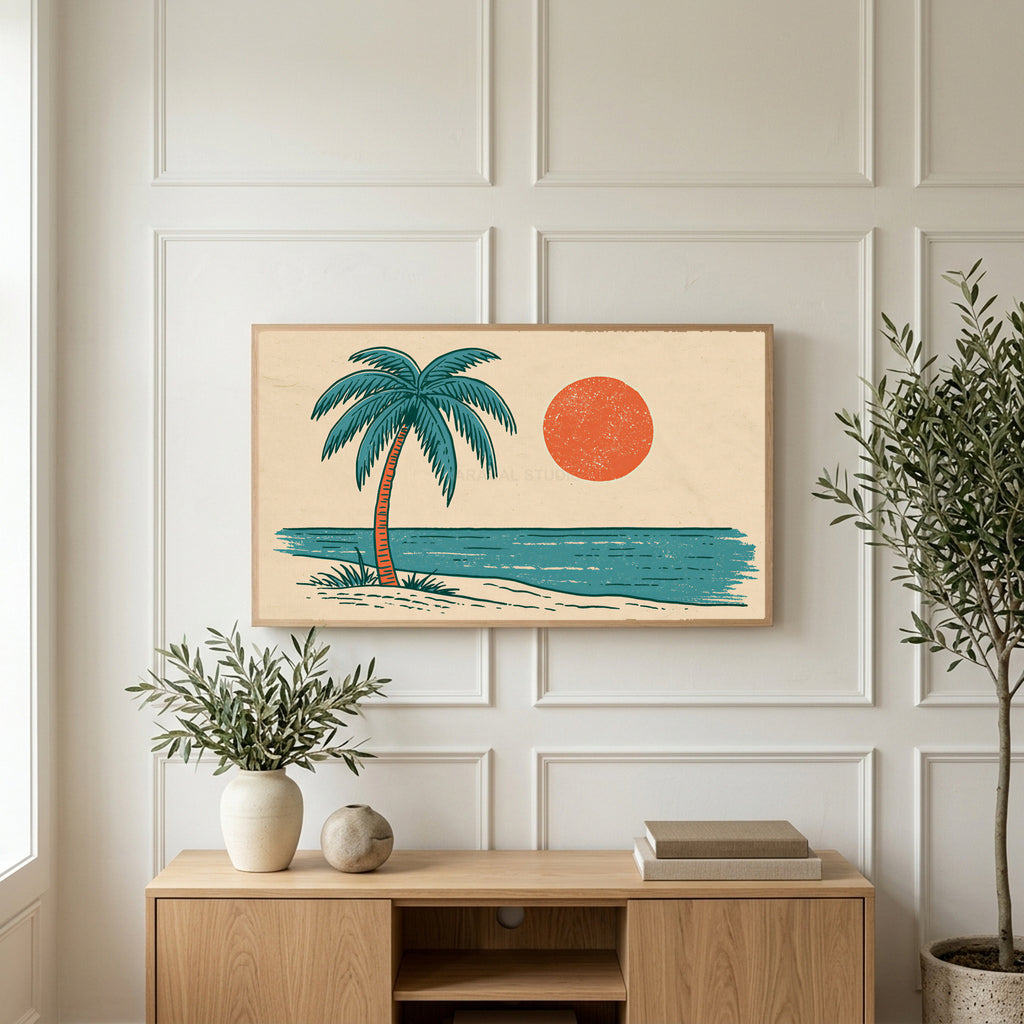 Retro palm tree art on a TV above a light oak sideboard with olive branches in a bright living room