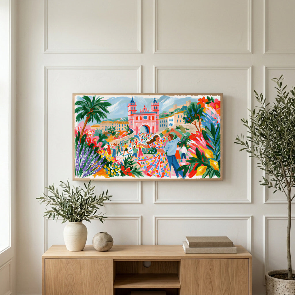 Mediterranean summer dance art on a TV above a light oak sideboard with olive branches in a bright living room