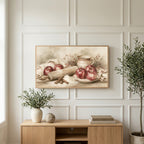 Farmhouse apples art on a TV above a light oak sideboard with olive branches in a bright living room
