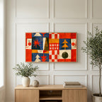 Folk art patchwork art on a TV above a light oak sideboard with olive branches in a bright living room