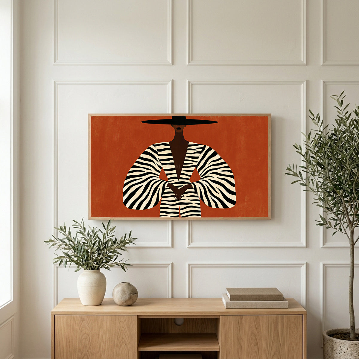 Woman in a zebra coat art on a TV above a light oak sideboard with olive branches in a bright living room