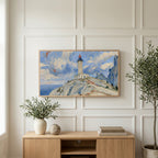 Lighthouse on a cliff art on a TV above a light oak sideboard with olive branches in a bright living room