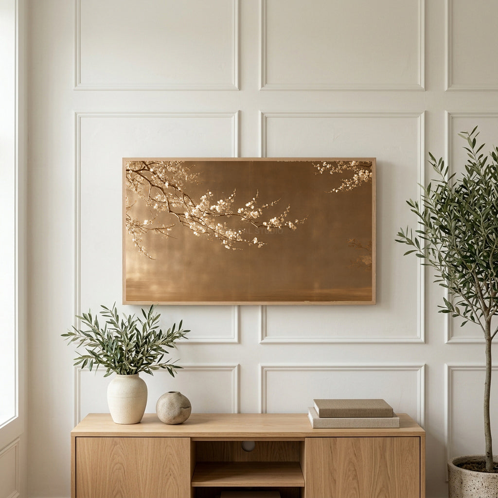 Japanese blossom art on a TV above a light oak sideboard with olive branches in a bright living room