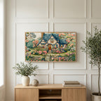 Embroidery style cottage art on a TV above a light oak sideboard with olive branches in a bright living room