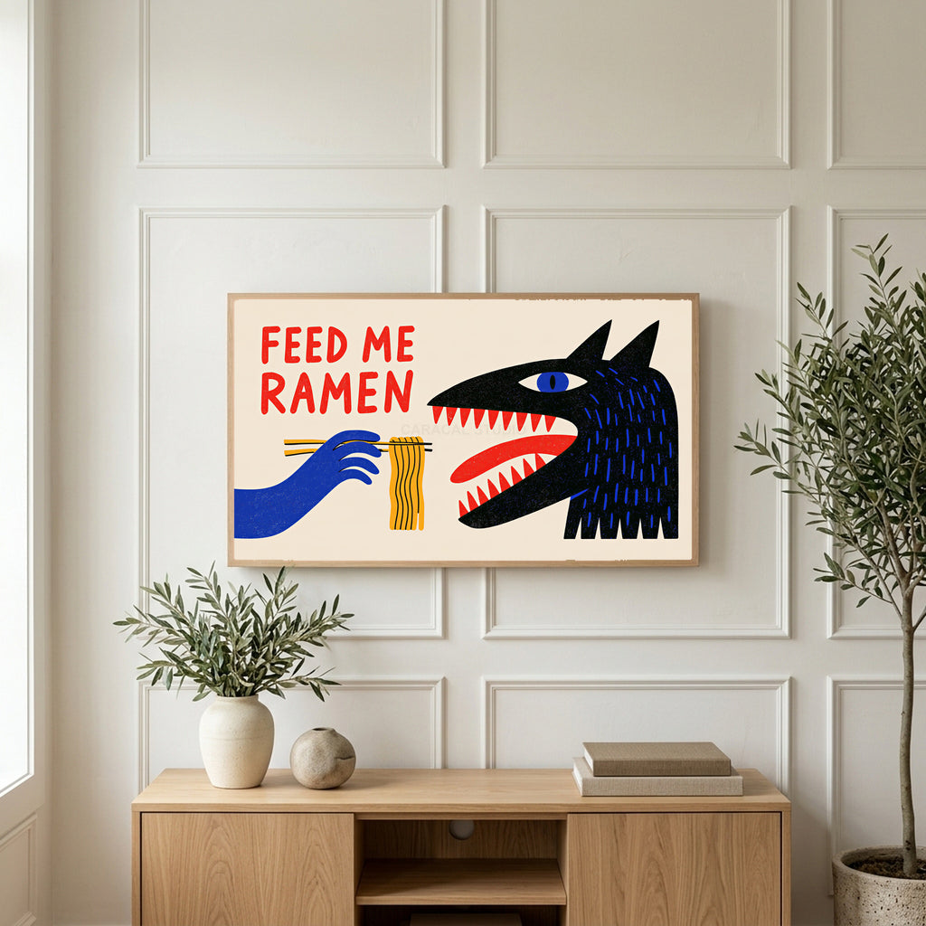 Feed Me Ramen art on a TV above a light oak sideboard with olive branches in a bright living room