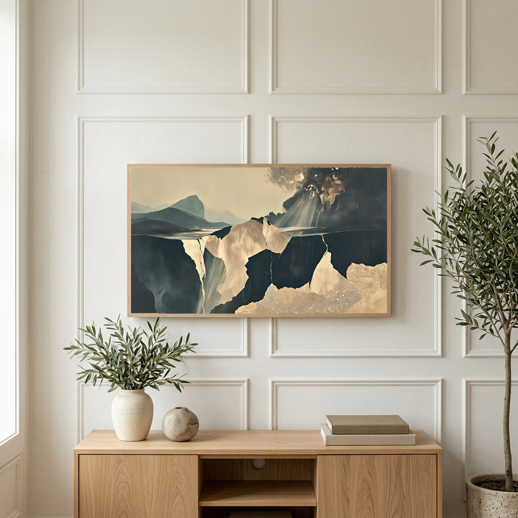 Moody abstract cliffs art on a TV above a light oak sideboard with olive branches in a bright living room