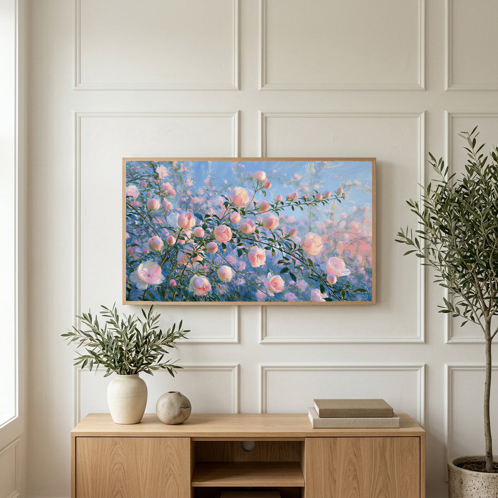 Pink spring flower buds art on a TV above a light oak sideboard with olive branches in a bright living room