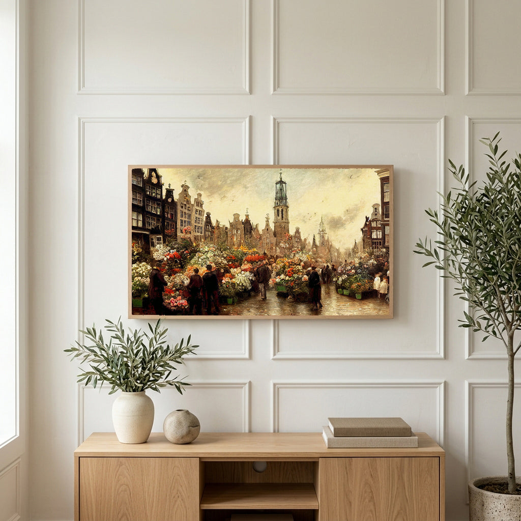 Amsterdam flower market art on a TV above a light oak sideboard with olive branches in a bright living room