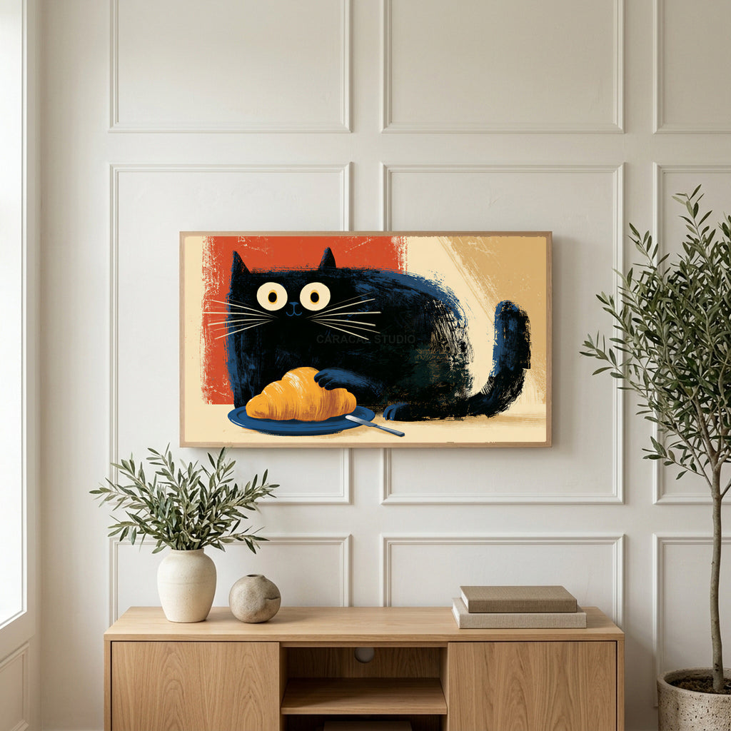 Croissant black cat art on a TV above a light oak sideboard with olive branches in a bright living room